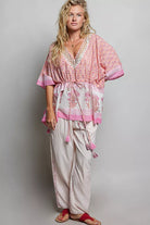 POL Block Print Floral Tie Front Boho Blouse