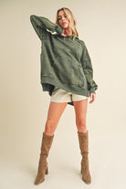 Aemi + Co Deb Army Green Washed Exposed Seam Side Slit Hoodie with Kangaroo Pocket