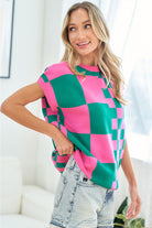 First Love Green & Pink Checkered Drop Shoulder Knit Top Trendsi
