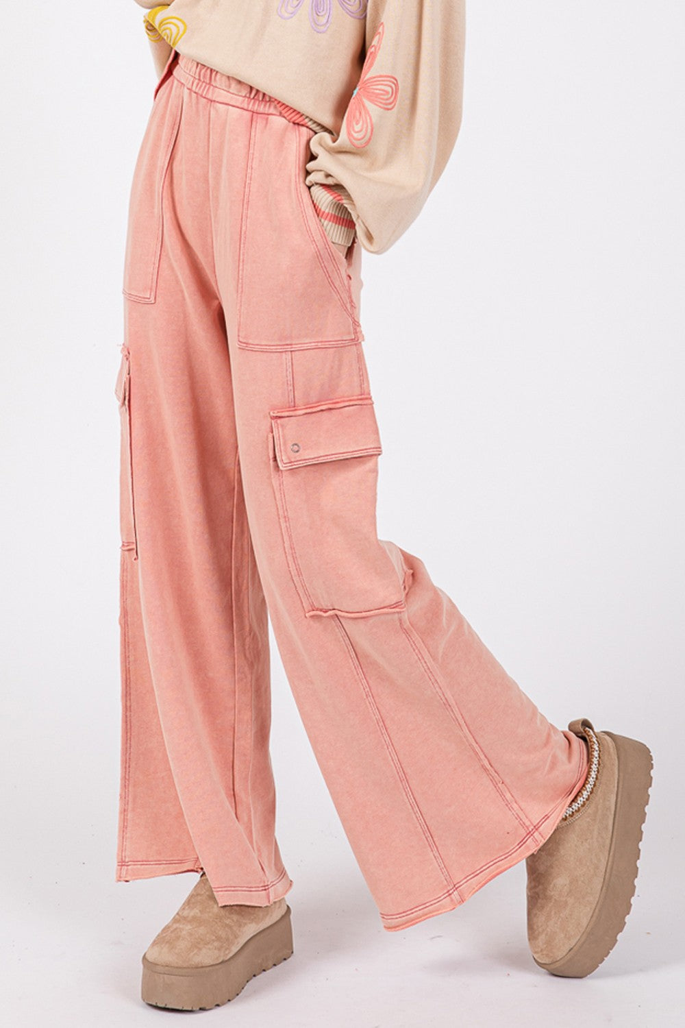 SAGE + FIG Rose Knit Terry Mineral Wash Wide Leg Pants Trendsi