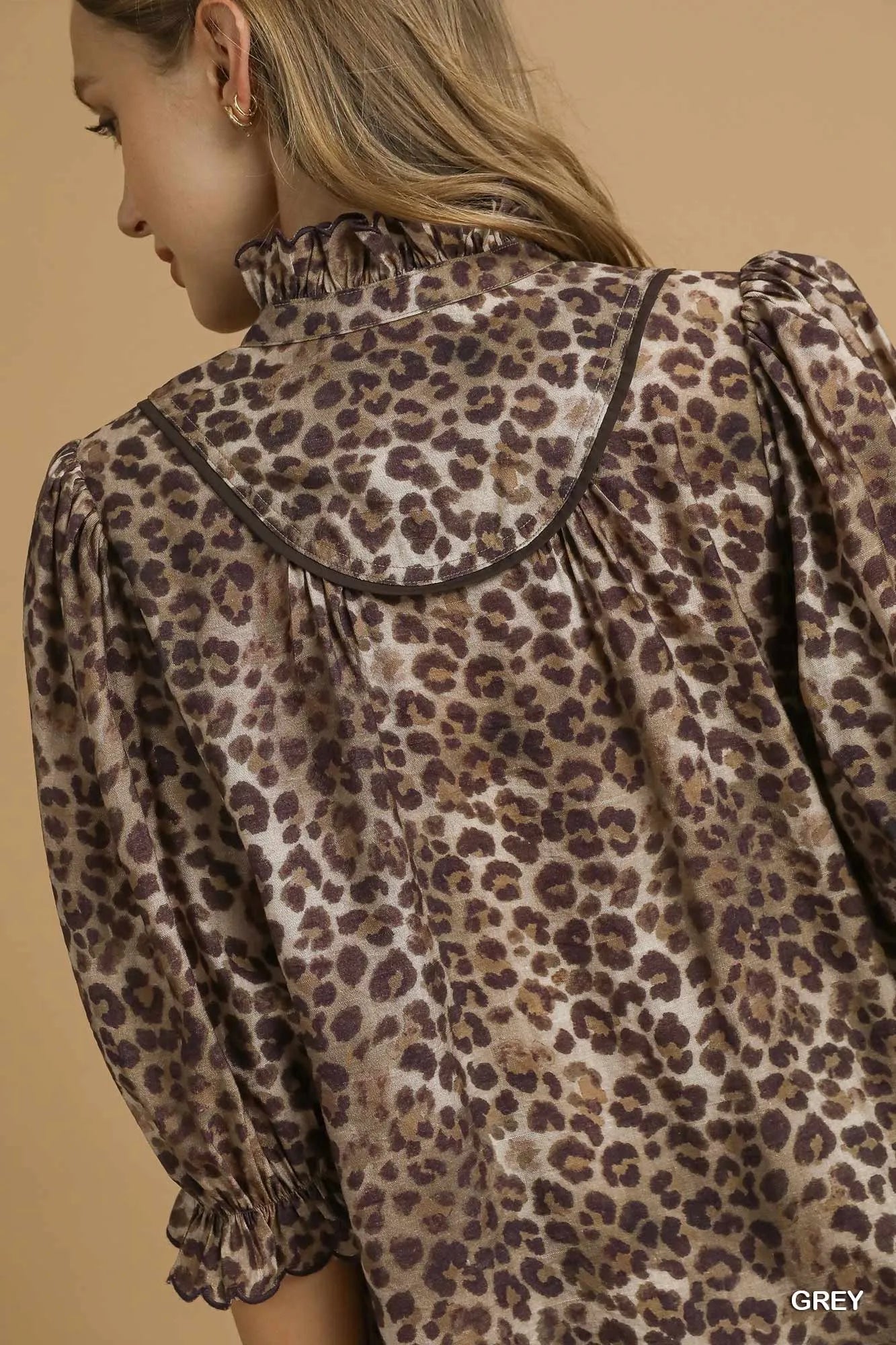 Umgee Grey Leopard Print Ruffle Neck Blouse