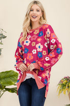 Celeste Fuchsia Floral Side Slit Flower Print Long Sleeve Top Shirts & Tops