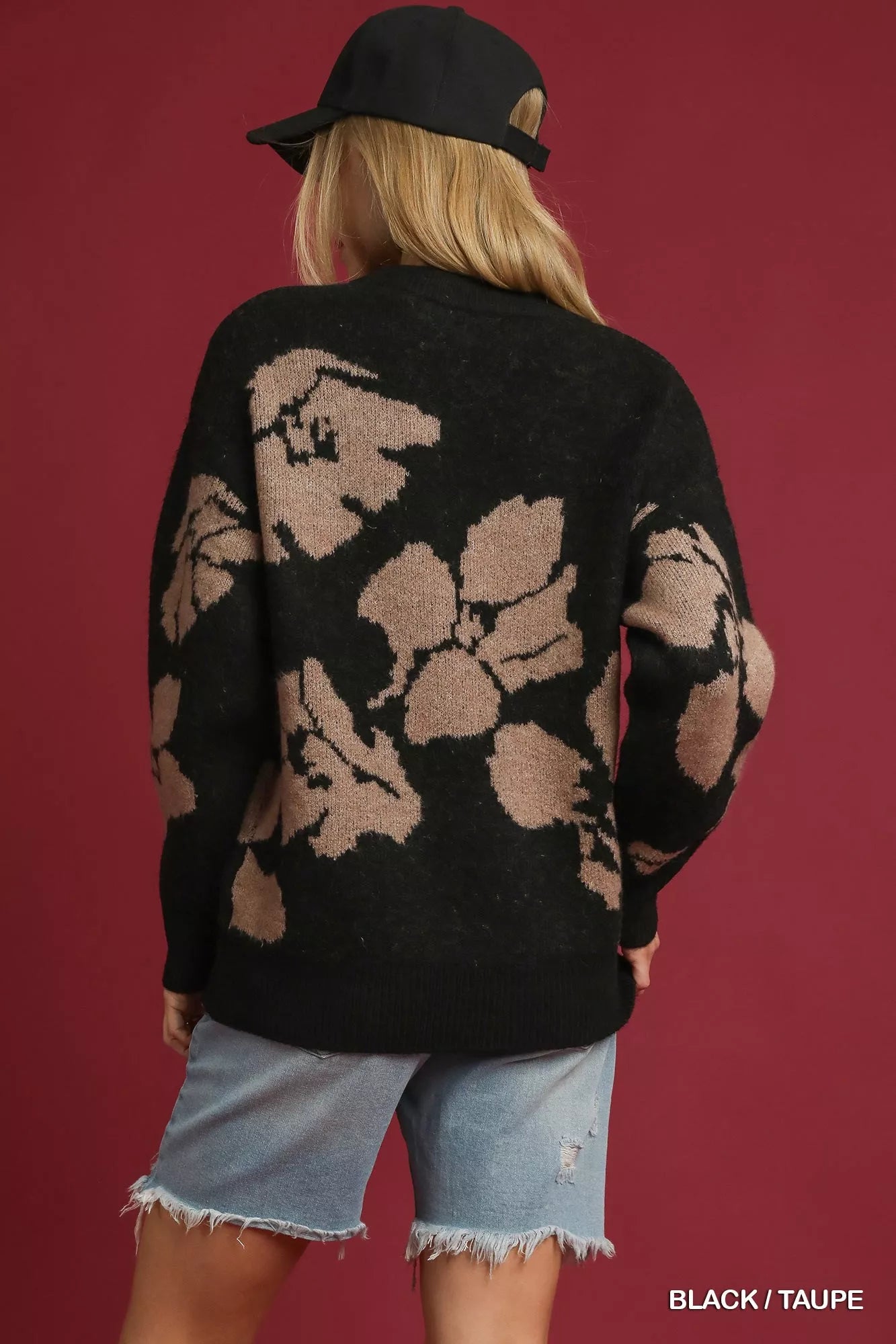 Umgee Black & Taupe Floral Long Sleeve Sweater