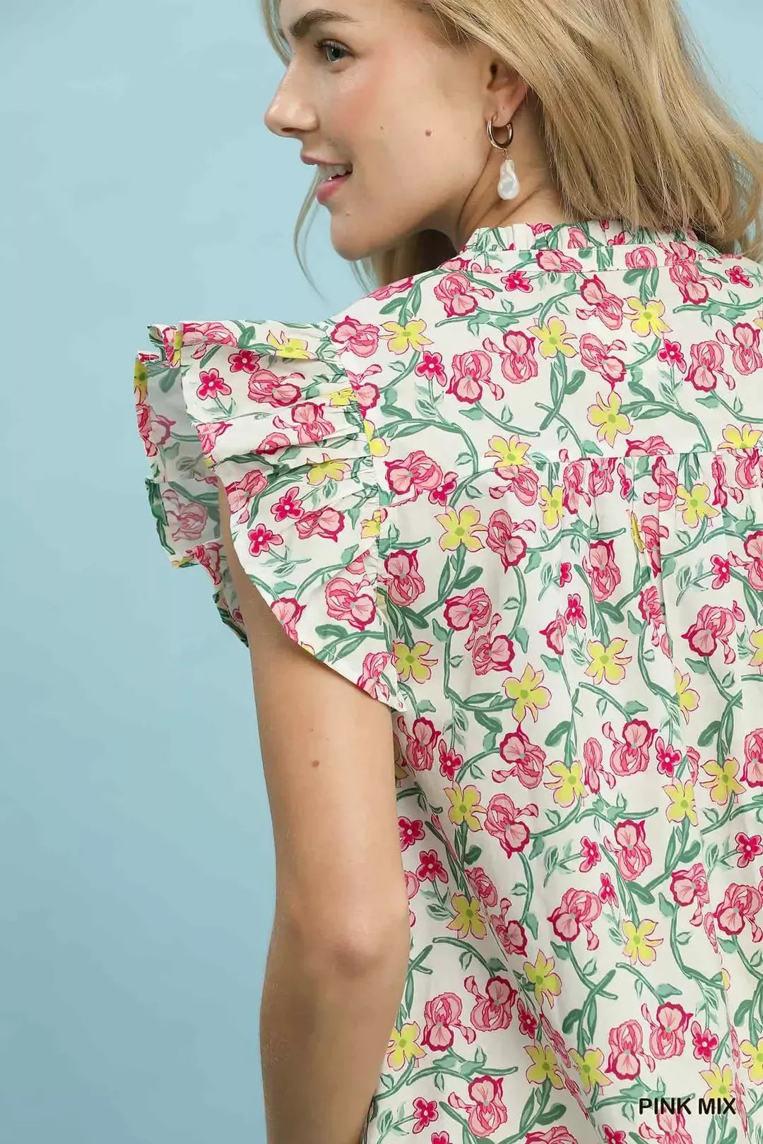 Umgee Floral Print Ruffle Cap Sleeve Blouse