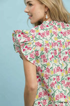 Umgee Floral Print Ruffle Cap Sleeve Blouse
