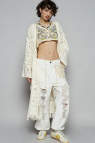 POL Cream Crochet Fringe Open Front Longline Cardigan