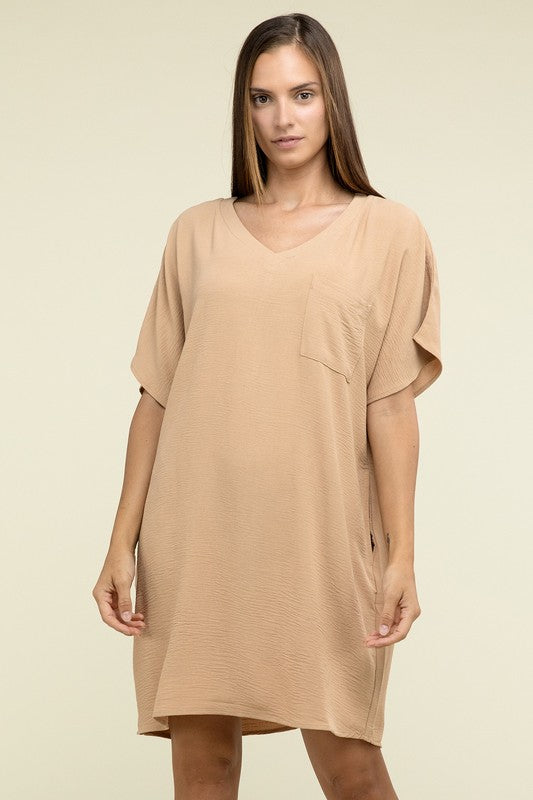 Zenana Woven Airflow V Neck T-Shirt Dress with Pockets ZENANA