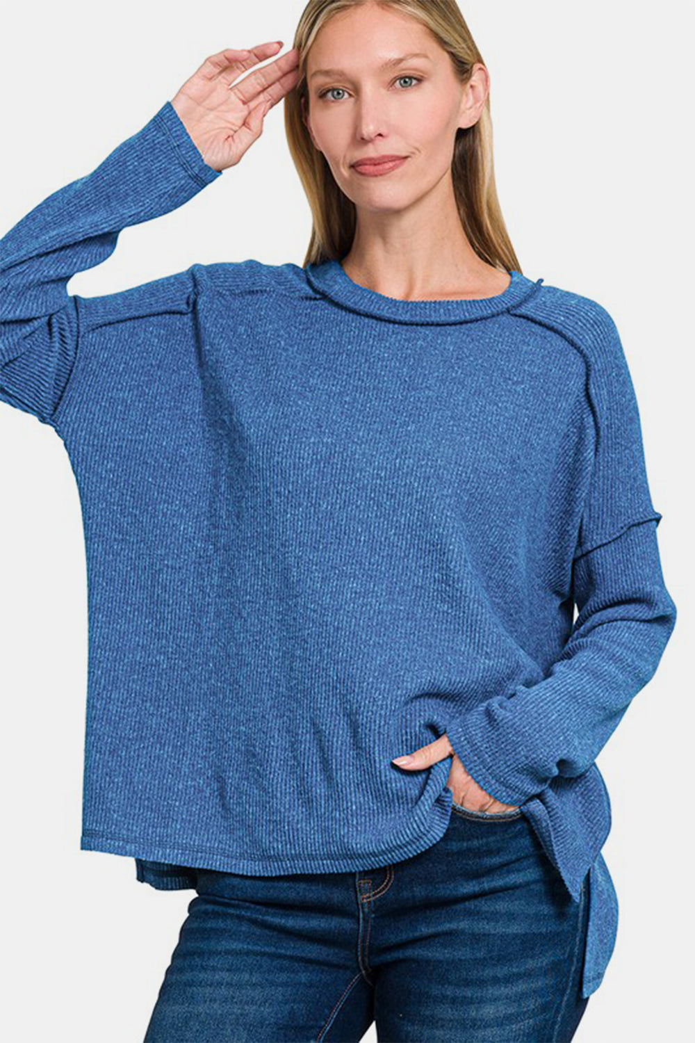 Zenana Navy Exposed Seam Brushed Ribbed Round Neck Sweater Navy Shirts & Tops