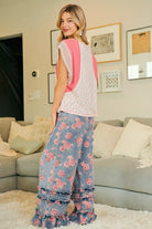 BiBi Washed Floral Denim With Ruffle Elastic Wide Pants