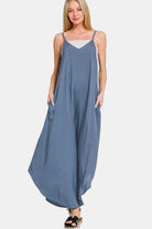 Zenana Dusty Blue Spaghetti Strap Wide Leg Overalls with Pockets DUSTY BLUE Jumpsuits & Rompers