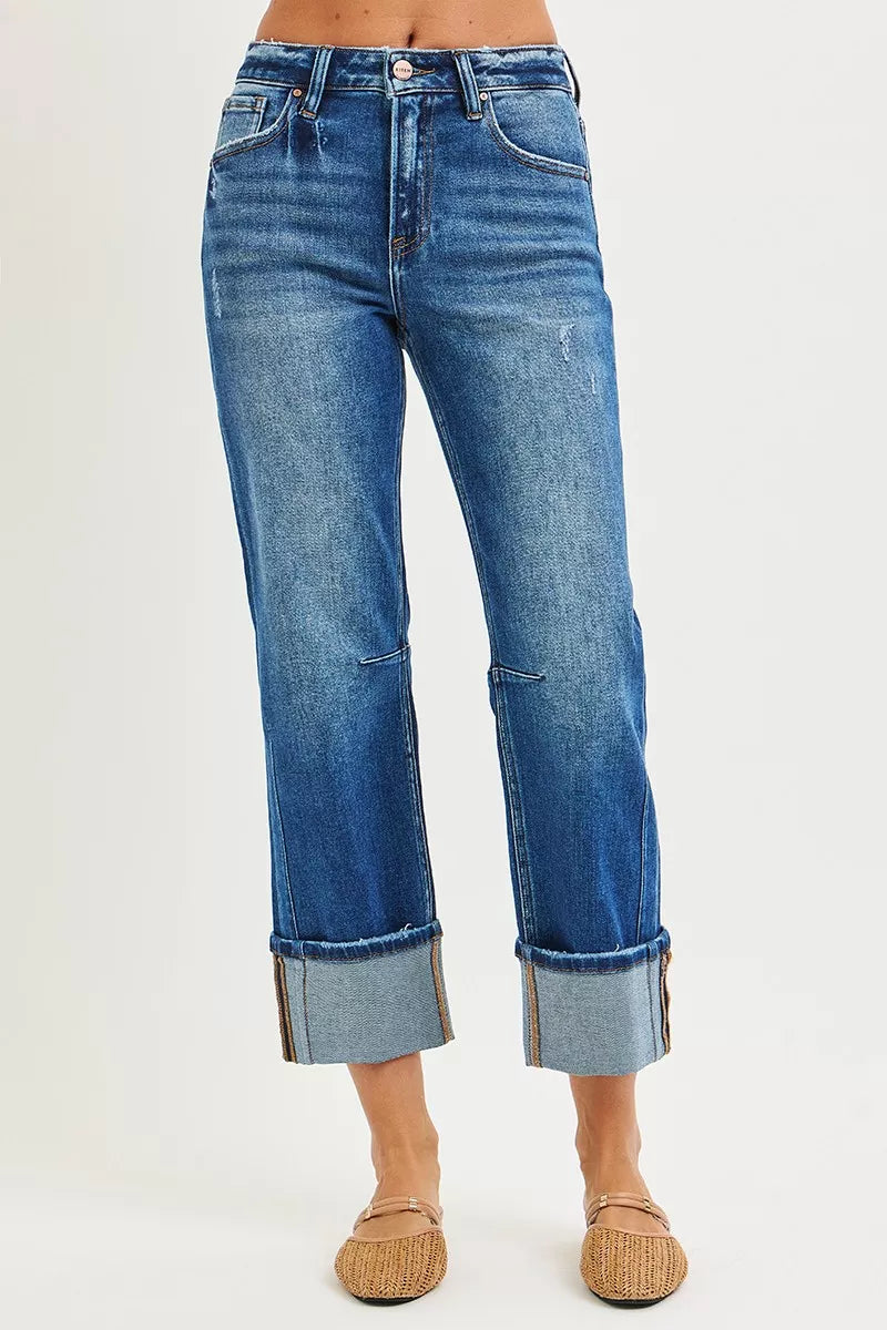 RISEN High Rise Straight Jeans with Distressed Hem DARK