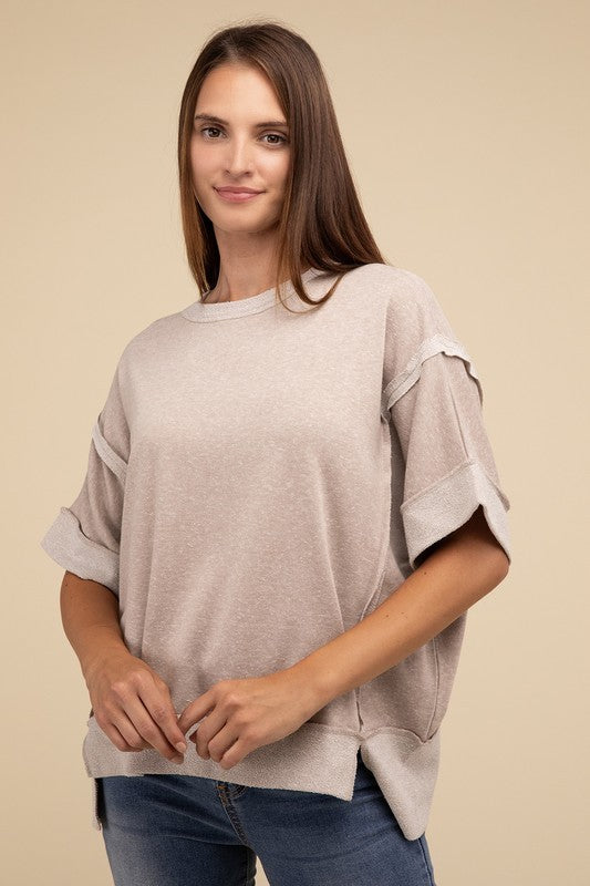 Zenana Contrast Trim Top Stitching Drop Shoulder Top in 3 Colors! ASH MOCHA ZENANA