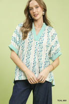Umgee Teal Mix Print Boho Blouse with Contrast Trim TEAL MIX