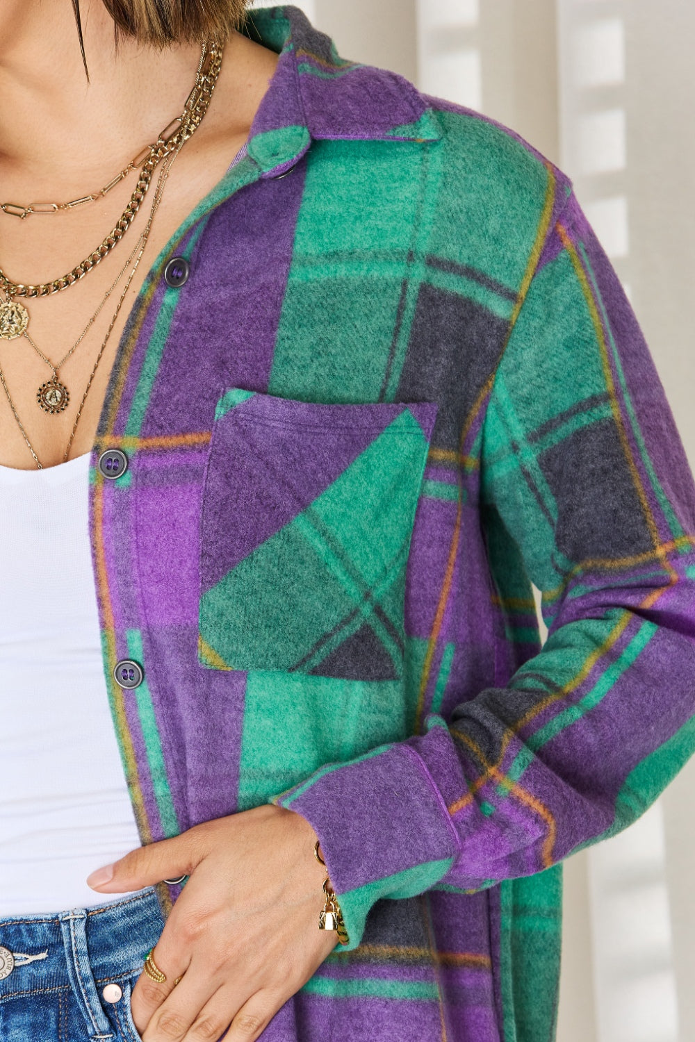 Zenana Green & Purple Plaid Button Up Long Sleeve Shacket Trendsi