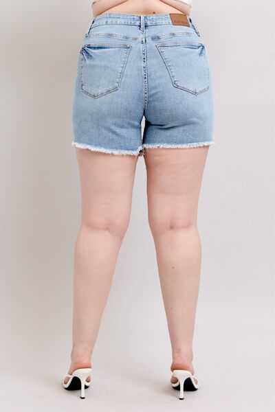 Judy Blue Light Washed Tummy Control Raw Hem Denim Shorts