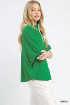 Umgee Green Textured Knit Top with Striped Contrast Trim