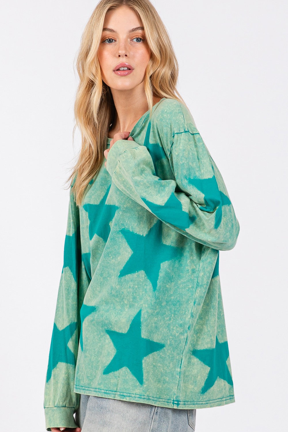 SAGE + FIG Turquoise Mineral Wash Star Pattern Top Trendsi