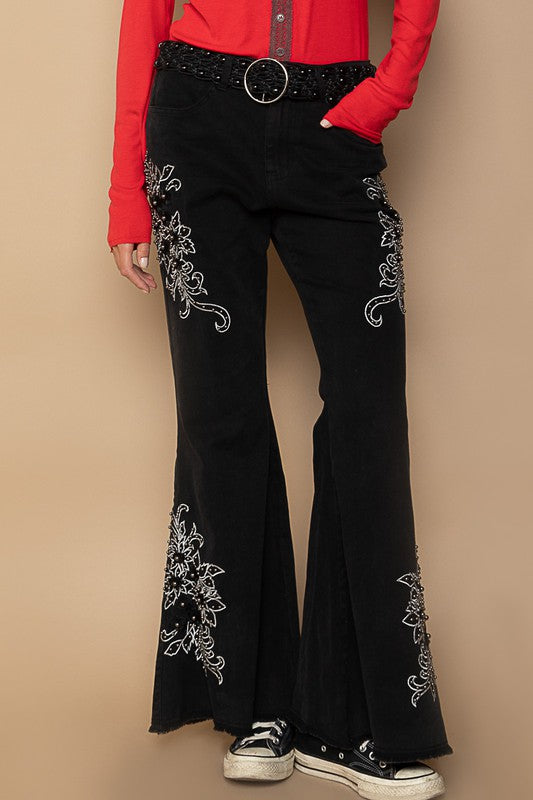 POL Black Raw Hem Contrast Embroidered Stretchable Twill Flare Pants Black Jeans