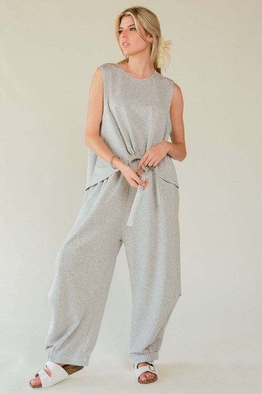 Davi & Dani Heather Gray Drawstring Hem Round Neck Tank and Pants Set HEATHER GREY Loungewear Set