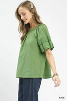 Umgee Sage Round Neck Puff Sleeve Top with Contrast Stitch Detail