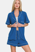 Zenana Classic Blue Button Down Short Sleeve Top and Shorts Lounge Set Loungewear Set