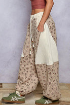POL Drawstring Quilted Printed Knit Floral Pants with Double Gauze Patchwork