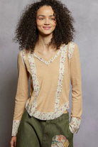 POL Nude Beige Floral Patch V-Neck Long Sleeve Ribbed Top NUDE BEIGE