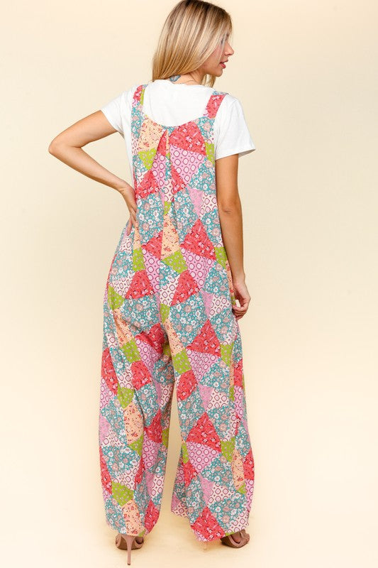 Haptics Coral Multi Printed Patchwork Wide Leg Overalls with Side Pockets