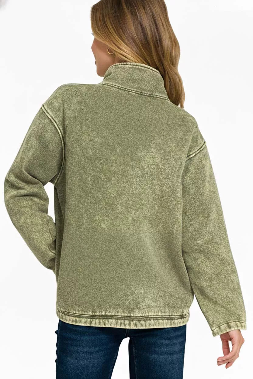 Zenana Light Olive Fleece Washed High Neck Kangaroo Pocket Sweatshirt