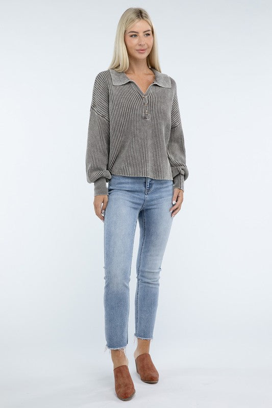 Zenana Washed Collared Henley Sweater in 6 Colors! ZENANA