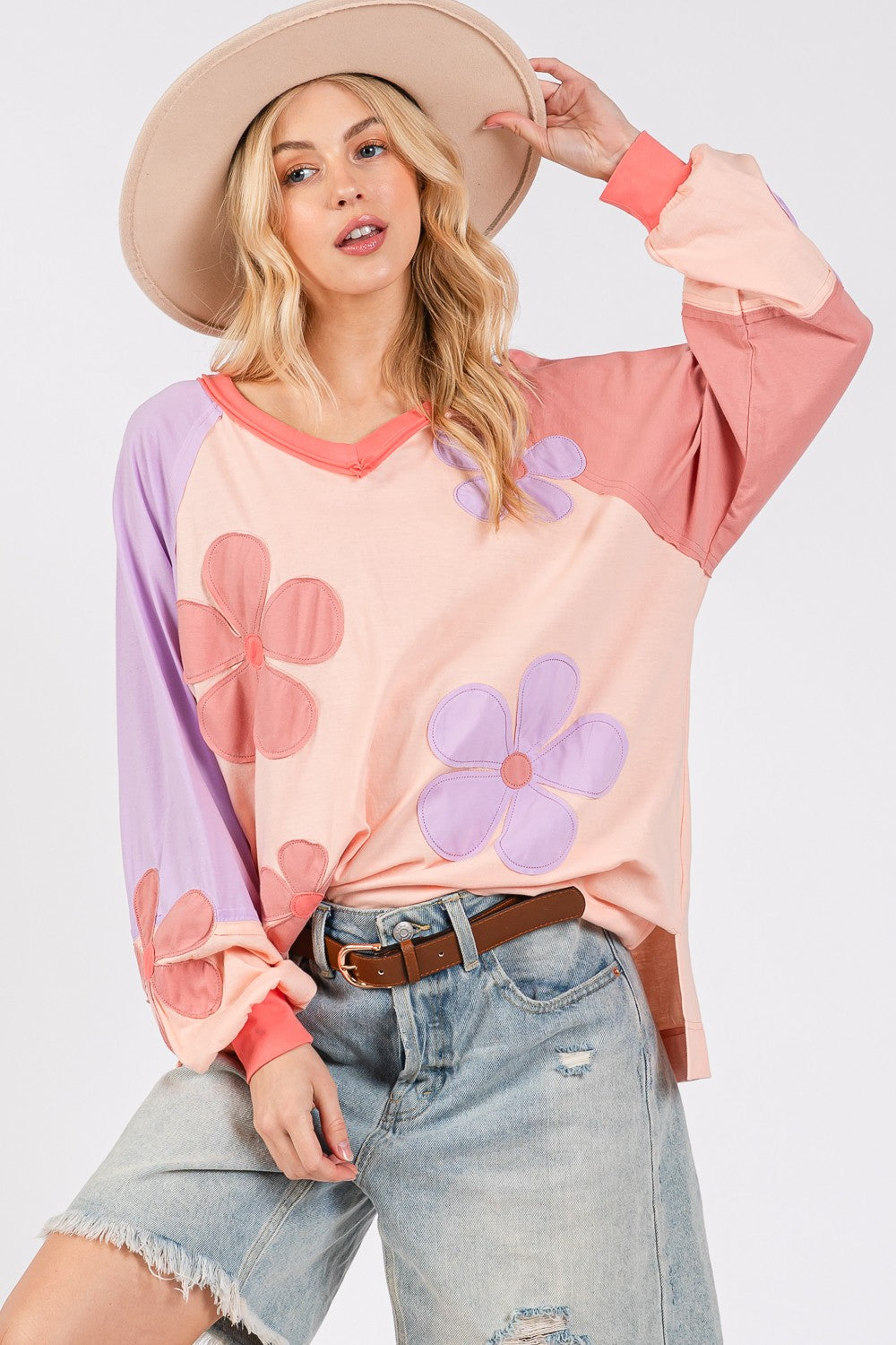 SAGE + FIG Blush Daisy Applique Patch Color Block Long Sleeve Top Blush Trendsi