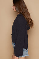 POL Back Open Slit Balloon Sleeve Crop Hooded Sweater Trendsi