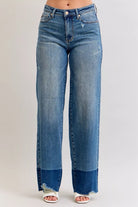 Judy Blue Dark Washed Raw Hem High Waist Column Straight Jeans