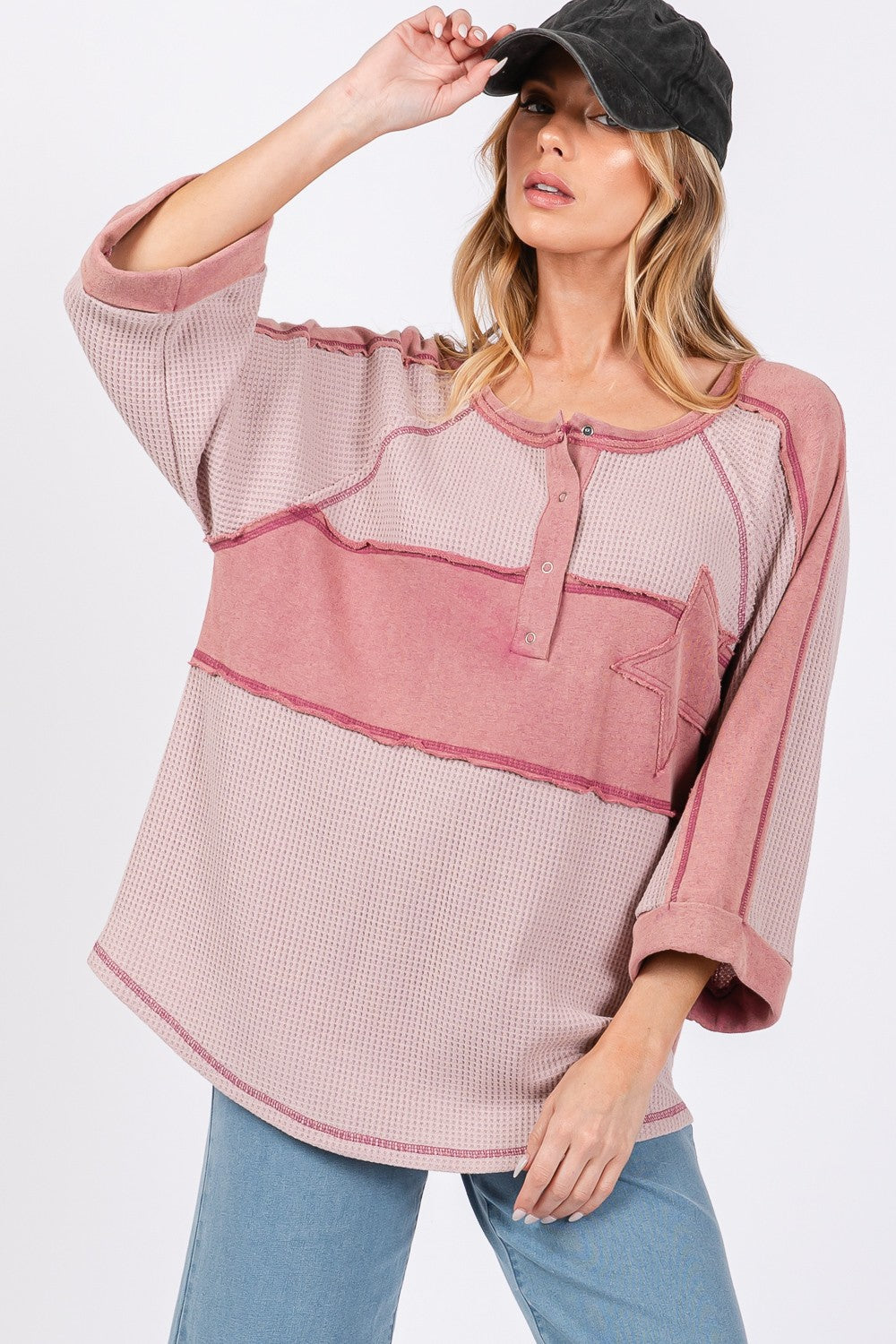 SAGE + FIG Mauve Star Applique Patch Exposed Seam Waffle Knit Top Mauve Trendsi