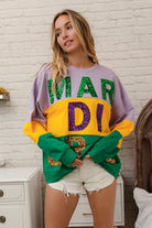 BiBi Sequin Mardi Gras Lettering Color Block Sweatshirt