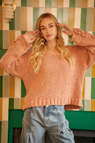 BiBi Dusty Peach Chunky Knit Sweater with Flower Detail Sleeves