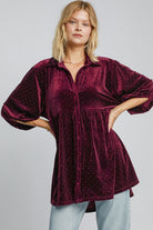 Umgee Burgundy Velvet Beaded Button Up Half Sleeve Tunic Burgundy Shirts & Tops