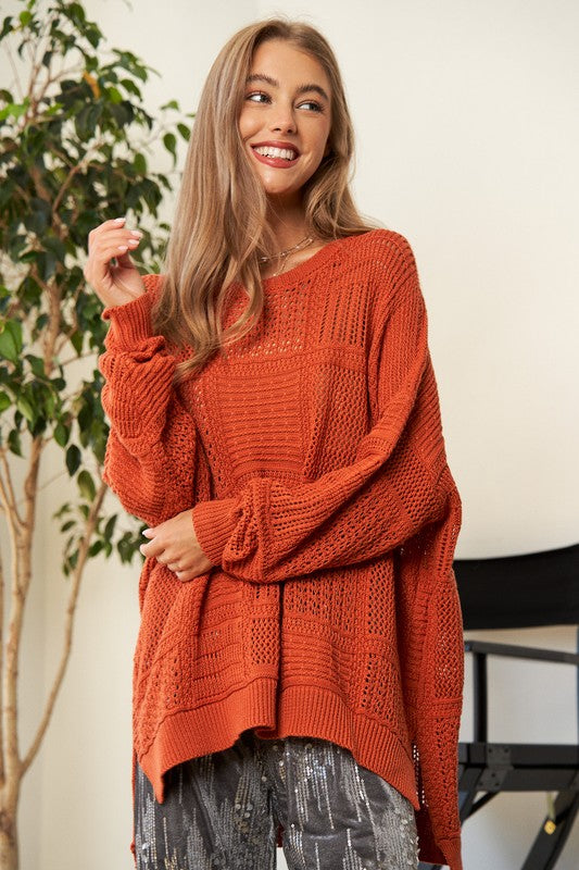 Davi & Dani Orange Openwork Side Slit Drop Shoulder Knit Cover Up Orange