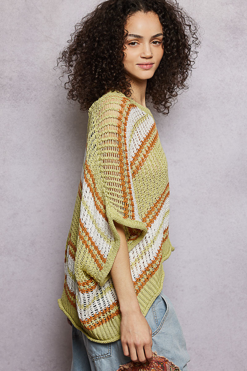 POL Lime Sage Openwork Lightweight Striped V-Neck Knit Top