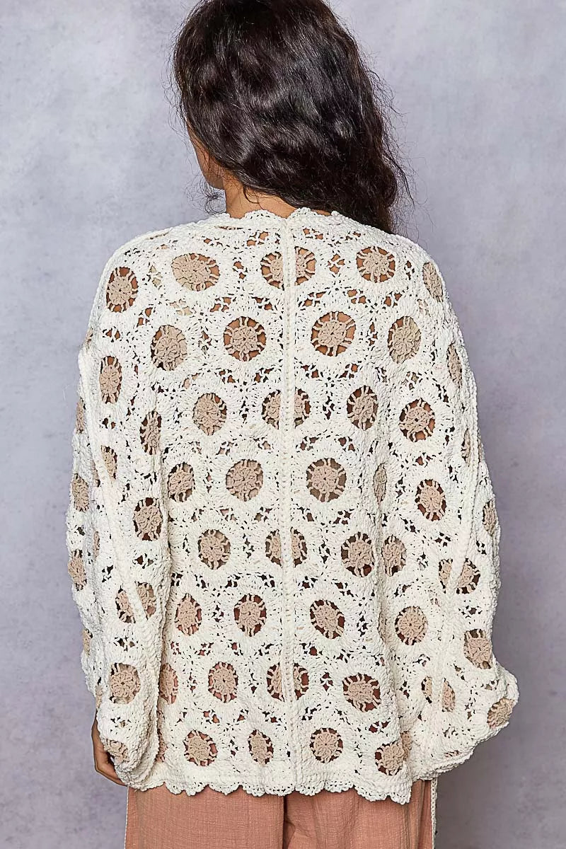 POL Openwork V-Neck Chenille Cardigan with Contrast Floral