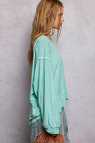 POL Aqua Round Neck Long Sleeve Exposed Seam Top with Chest Pocket