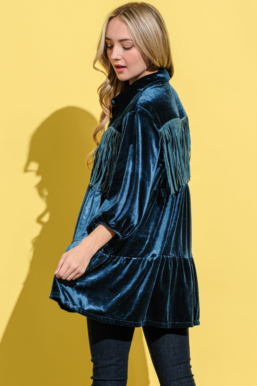 And The Why Teal Fringe Detailed Velvet Shirt Dress Trendsi