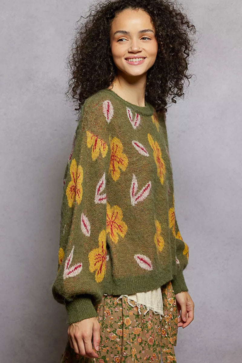 POL Olive Floral Pattern Round Neck Balloon Sleeve Sweater