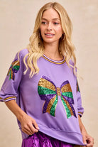 BiBi Lavender Mardi Gras Theme Ribbon Sequin Patched Top