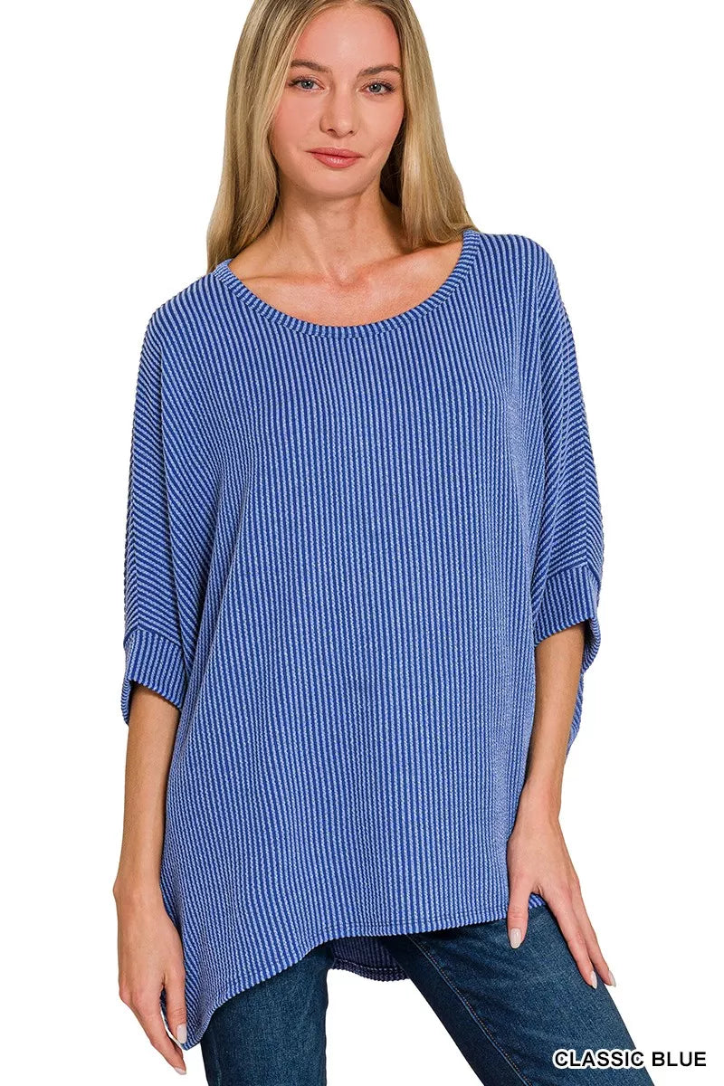 Zenana Classic Blue Raised Rib Bat Sleeve Top CLASSIC BLUE