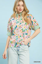 Umgee Green Mix Floral Print Jacquard Ruffle Top GREEN MIX