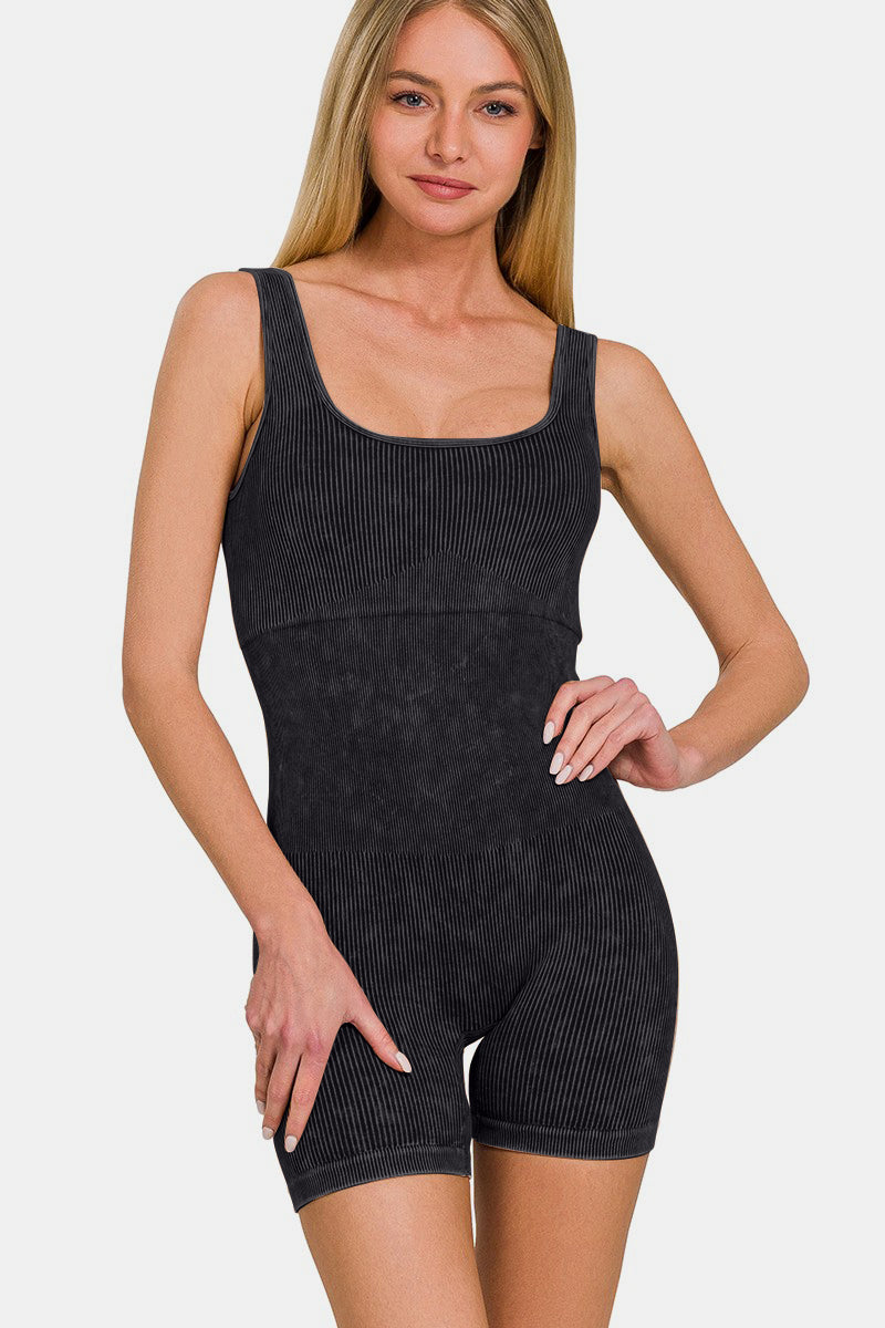 Zenana Washed Ribbed Romper with Pad Trendsi