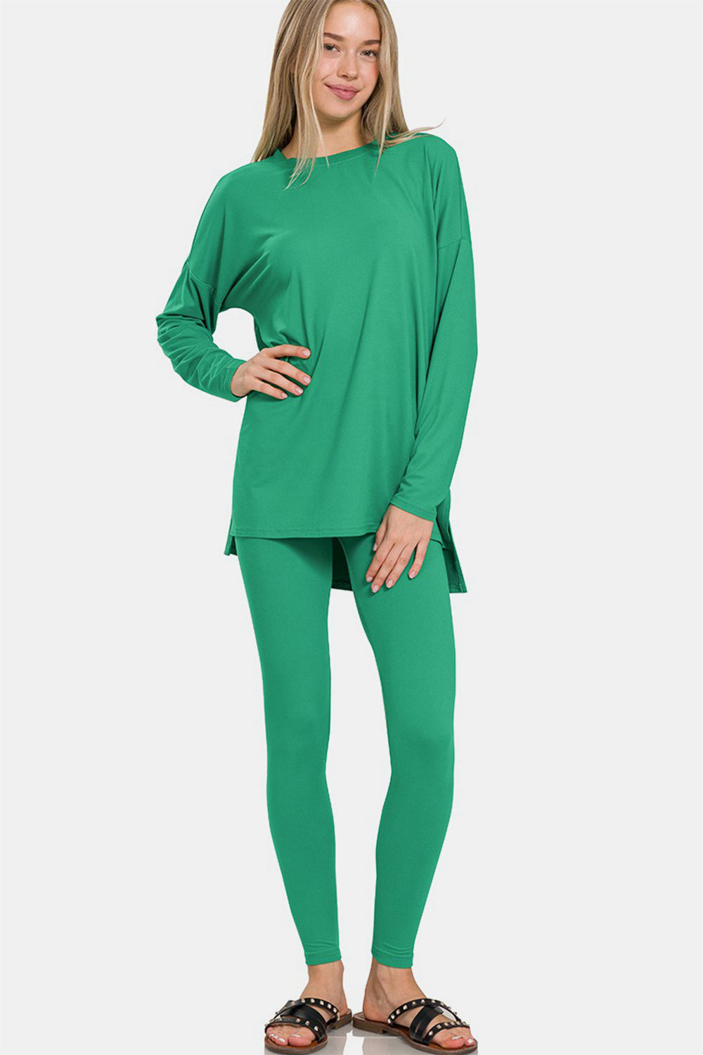 Zenana Kelly Green Brushed Microfiber Long Sleeve Top and Leggings Lounge Set K Green Trendsi