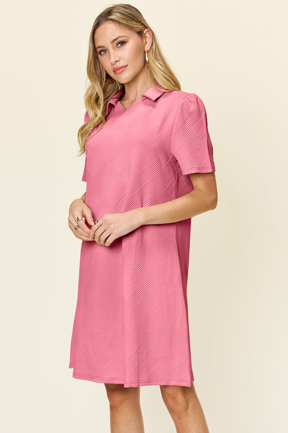 Double Take Quilted Textured Collared Neck Puff Sleeve Dress Trendsi