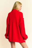 Davi & Dani Red Button Up Dropped Shoulder Cardigan with Pockets